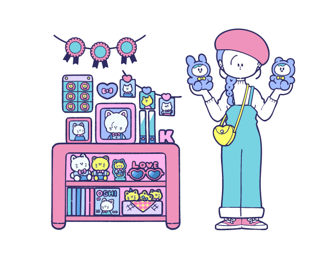 推しの生誕祭や周年イベントでロゼットを飾る推し祭壇のイメージイラスト。お祝いにぴったりのアイテム。