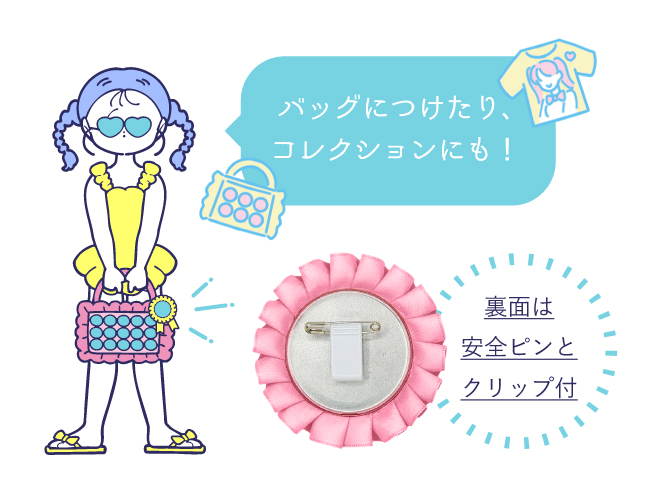 ロゼット裏面の安全ピンとクリップの構造。痛バッグやコレクション用に便利な2WAY仕様。