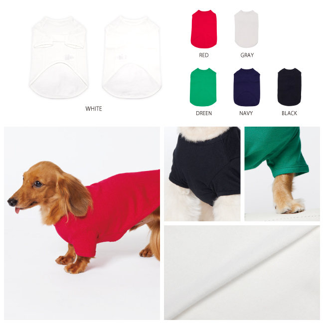 オリジナルプリント対応のドッグウェア、半袖Tシャツのカラー展開と着用イメージ、生地の質感