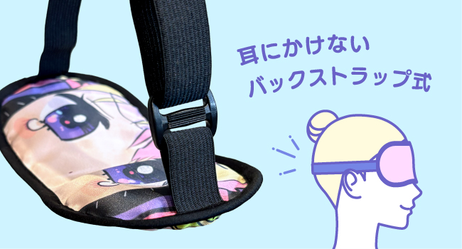 耳に掛けないバックストラップ式オリジナルアイマスクの裏面構造と着用イメージイラスト
